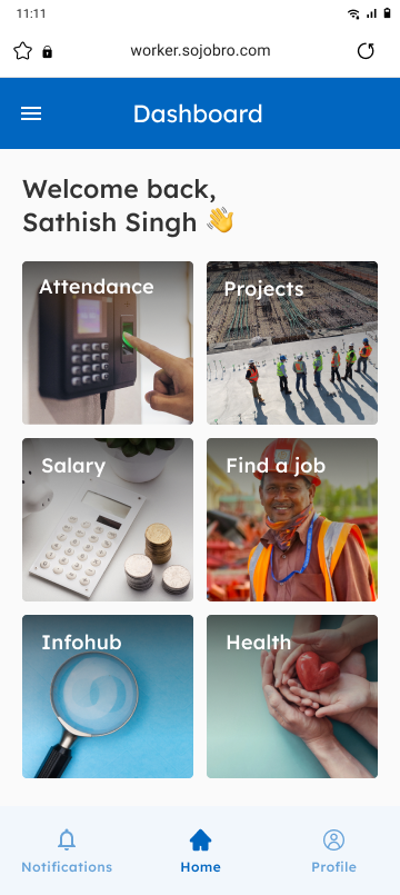 Migrant worker mobile dashboard — attendance and wage entry points