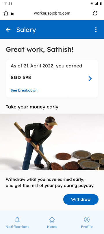 Earned Wage Access screen — wage balance and withdrawal request