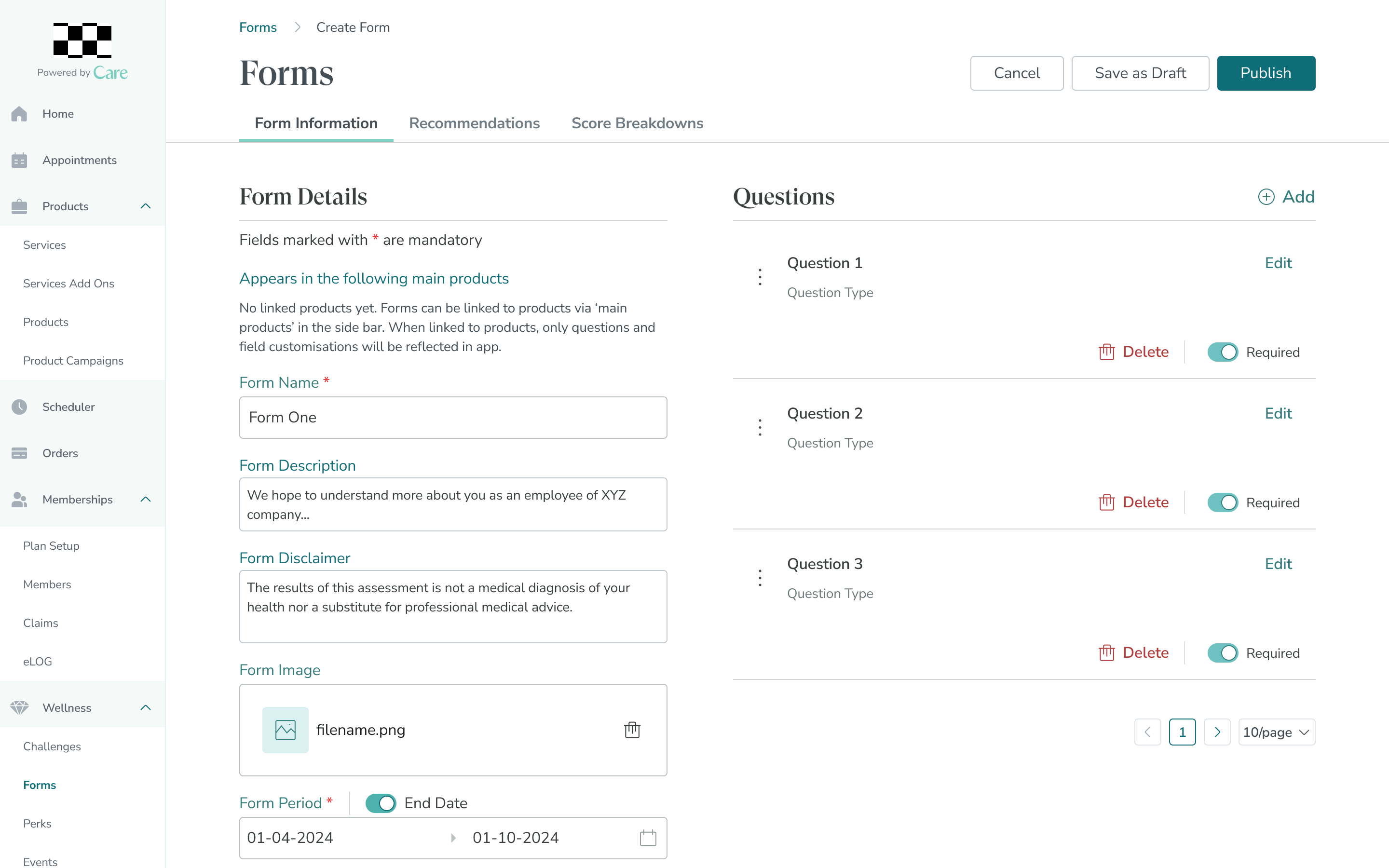 Care admin — Form Builder: create wellness assessment forms linked to products