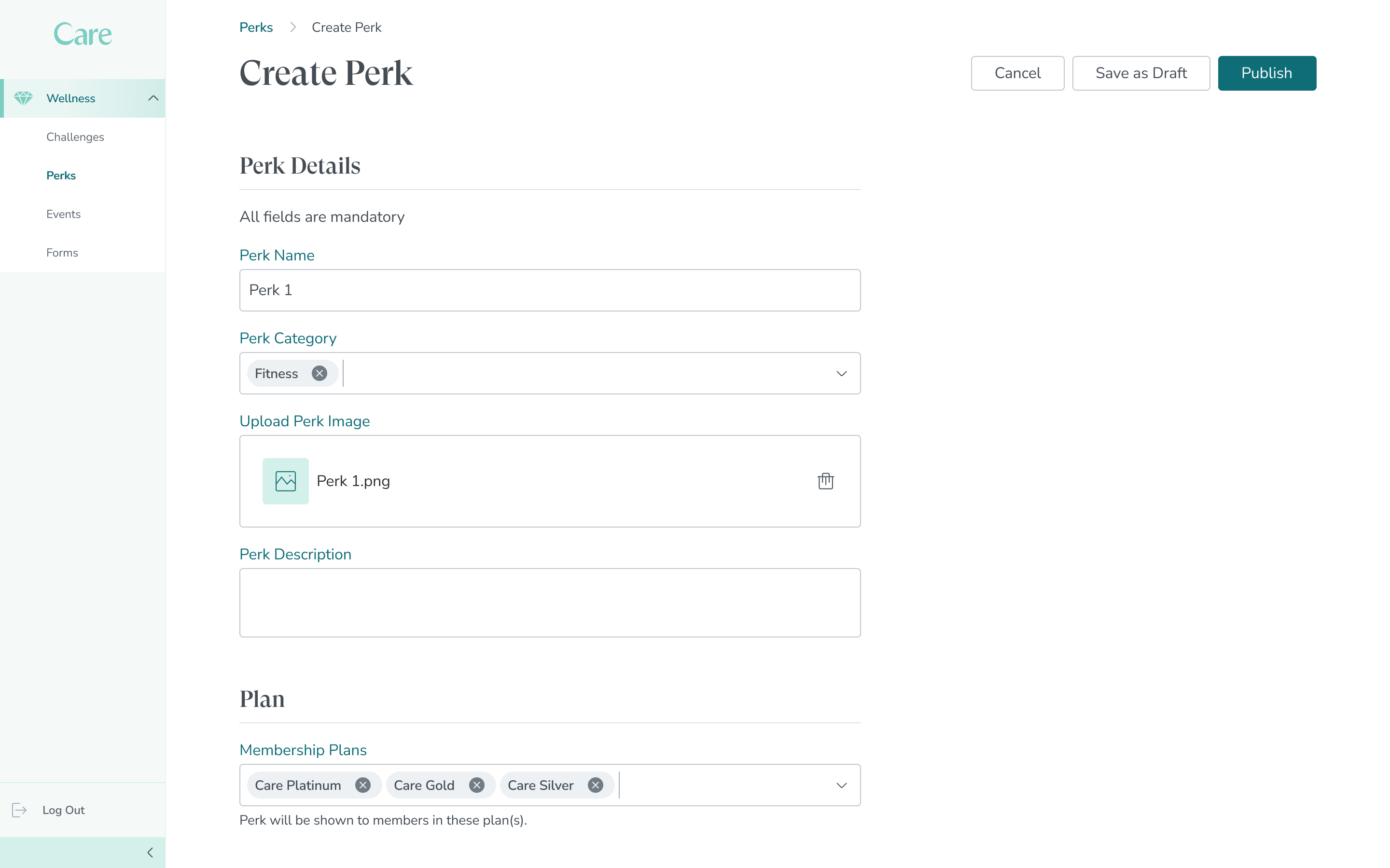 Care admin — Perk Builder: create perks with Care Platinum, Gold, Silver membership plan tiers