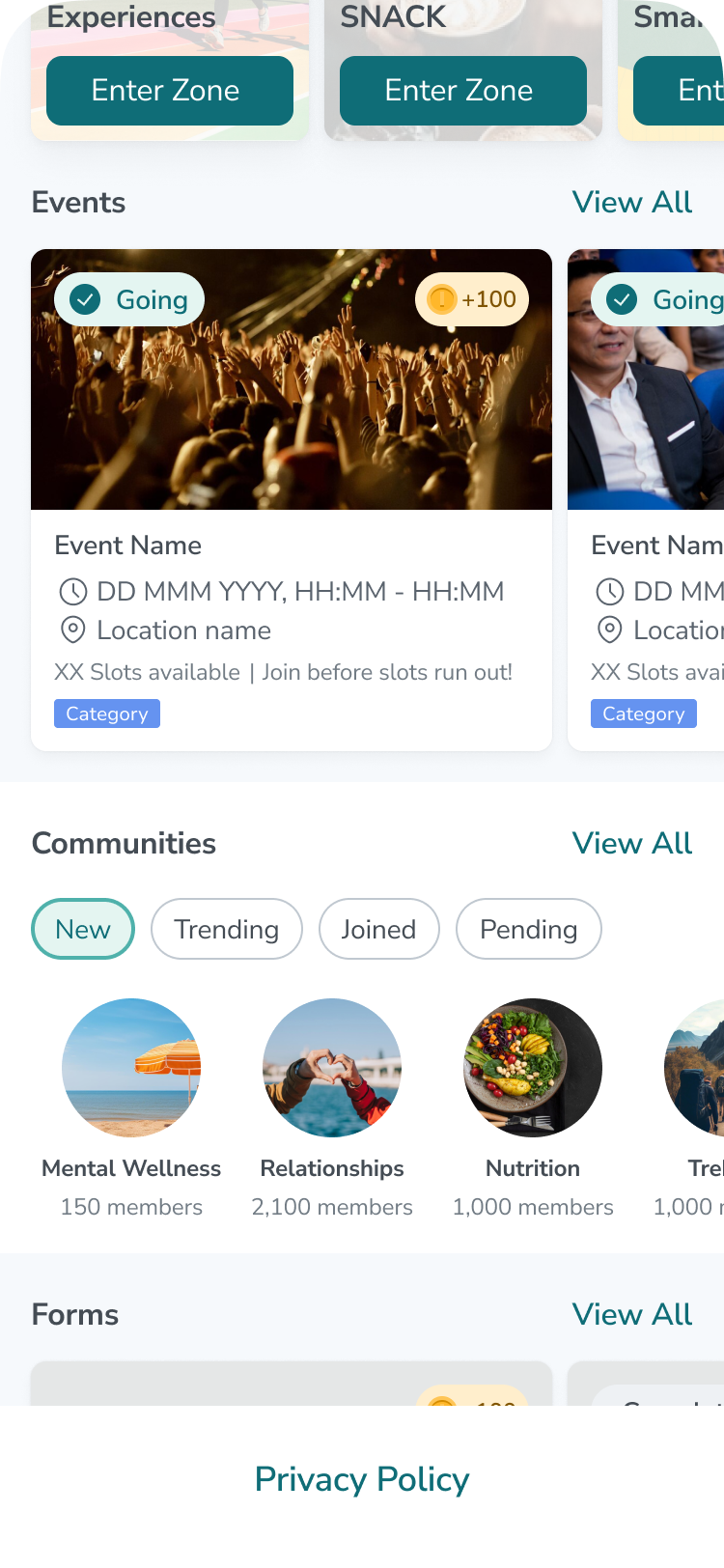 Wellness Zone events and communities — events listing, mental wellness, nutrition community groups