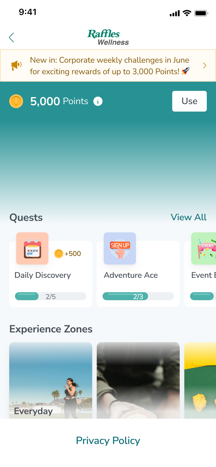 Wellness Zone home — quests, points balance, experience zones