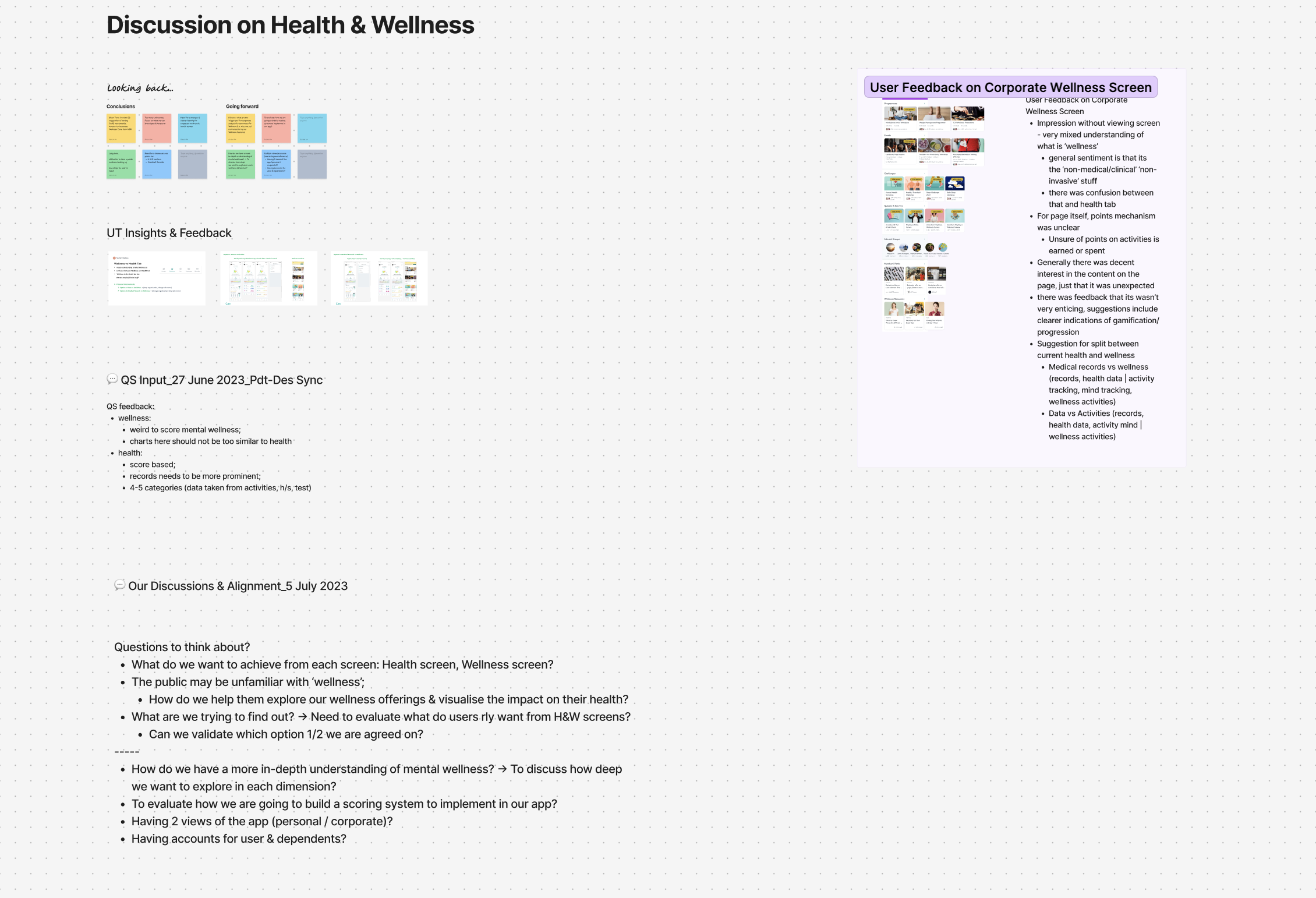 Discussion on Health & Wellness — stakeholder workshop synthesis, UT insights, and product-design sync notes from Jul 2023